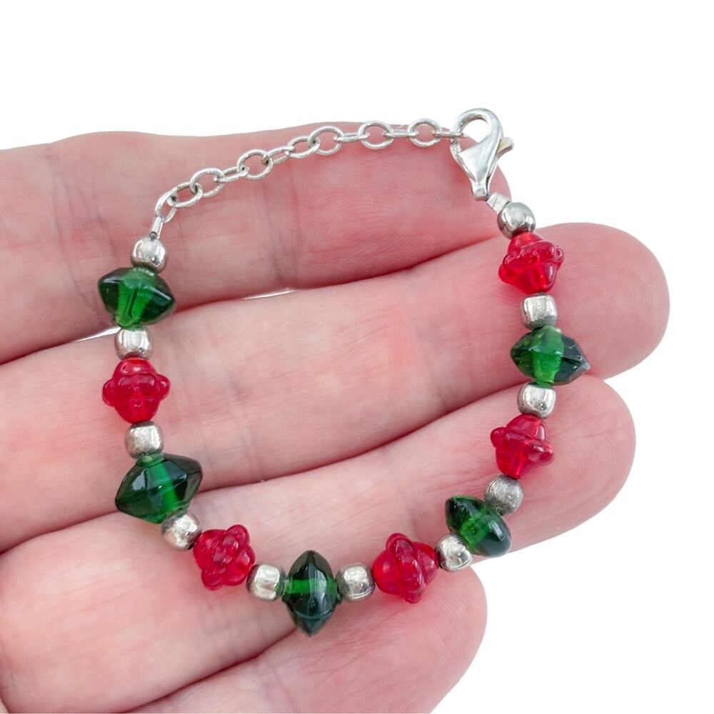 Vintage Sterling Silver 925 Red Green Glass Bead Bracelet 5-6"